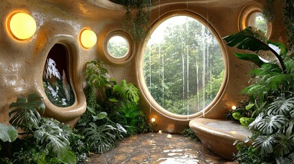 Organic Design in a Light-Filled Architectural Atrium Surrounded by Lush Greenery