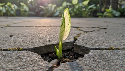 Determined sprout emerging from cracked concrete, backlit by sunlight, signifying resilience and hope against adversity, symbolizing new beginnings.