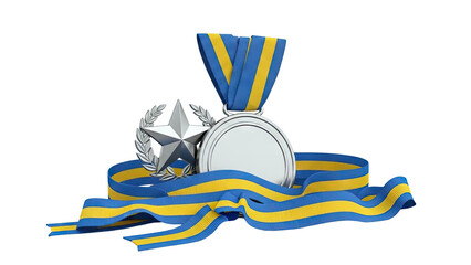 Medal with Star and Laurel Wreath on Blue and Yellow Ribbon