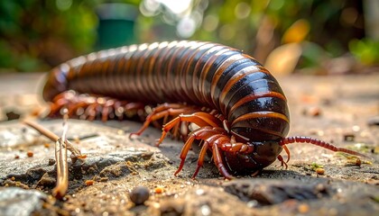 Fototapeta premium Macro shot of a giant millipede on a cracked concrete surface