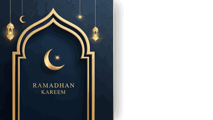 Celebrating Ramadhan with crescent moon and lanterns in elegant archway