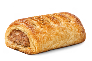 Golden brown sausage roll with flaky puff pastry and savory meat filling, topped with sesame seeds on transparent background