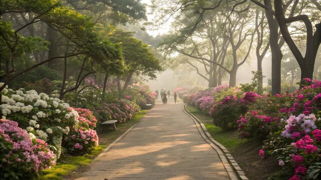 Winding path through a vibrant spring garden blooming with pink and white rhododendron flowers and misty trees.