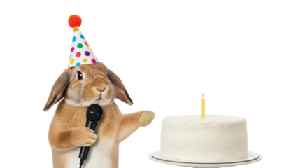 Cute Lop-Eared Rabbit Wearing Party Hat Holding Microphone Next to Birthday Cake isolated PNG with Transparent Background