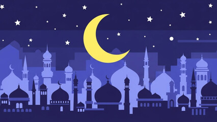 Islamic City Skyline with Crescent Moon and Stars at Night, Vector Illustration