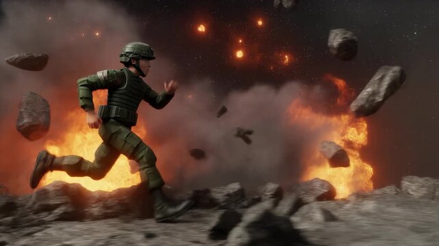 3D stylized animation of a soldier in combat gear running away from a fiery explosion