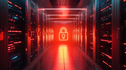 Cyber Security Concept with Glowing Padlock in Server Room.