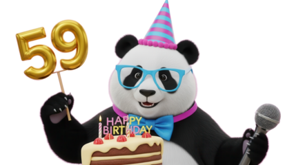 Cute Cartoon Panda Celebrating 59th Birthday with Cake and Microphone isolated PNG with Transparent Background