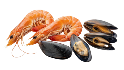 Cooked Orange Shrimp and Fresh Mussels Seafood Assortment isolated PNG with Transparent Background