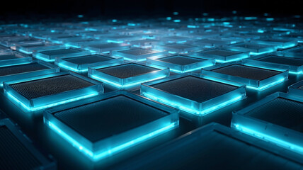 a tightly packed geometric grid of BGA memory chips glowing with deep sapphire neon light
