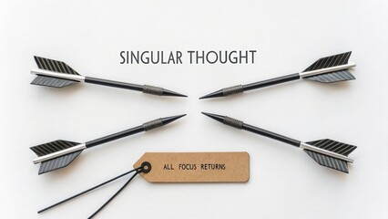 Sharp darts arranged in a focused manner with a tag exhibiting singular thought and determination on a neutral background