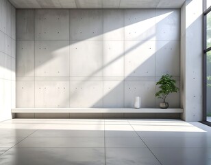 Modern, minimalist interior. Concrete walls, large window, potted plant, and a white vase rest on a shelf. Light and shadows create interest