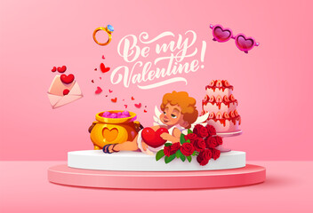 Naklejka premium Valentine podium stage with cherub and flowers. Vector festive platform featuring a cupid holding a heart, roses bouquet, gift items, and romantic symbols on pink background with text Be my Valentine