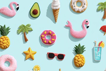 A vibrant, overhead shot showcasing colorful summer-themed decorations against a light blue backdrop