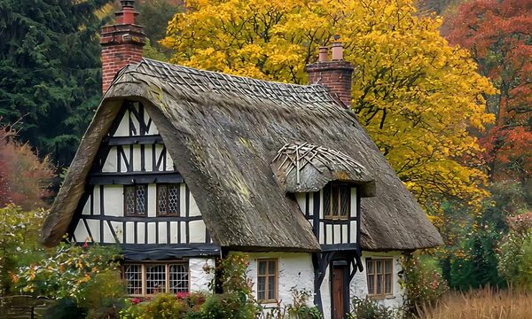 Historic English Thatched Cottage Nestled Amidst Brilliant Autumn Foliage in Rural Landscape.