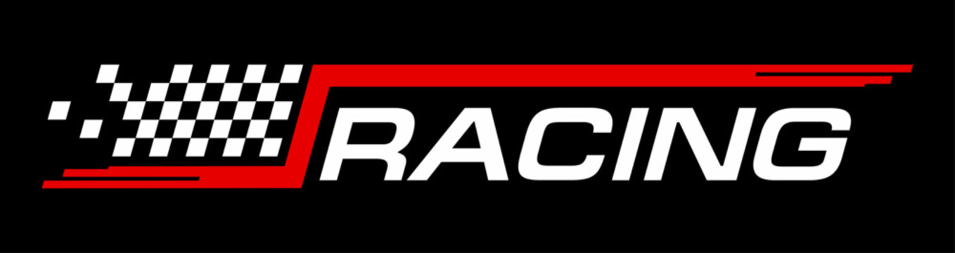 Race car, drag motorsport sticker or patch. Speed drive championship decal sticker, car race rally vector tag. Racing motorsport emblem label with checkered pattern, red line and typography