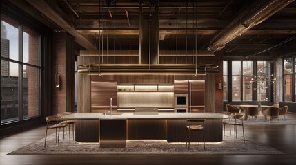Modern Industrial Kitchen with Wood and Concrete Elements and Sleek Lighting Design