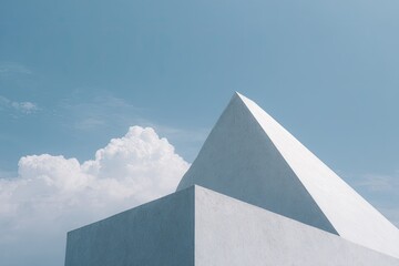 Geometric white architectural forms against a clear, soft blue sky, with cloud formation