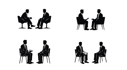 Fototapeta premium Professional Interview Meeting Silhouette Icons – Business Consultation Conversation Vector