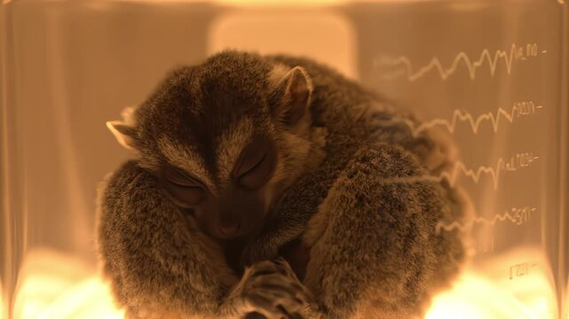 A tiny night monkey sleeps peacefully in a glowing incubator as vital sign patterns are displayed on the transparent container wall