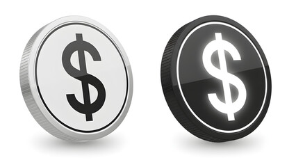 3d illustration of two dollar sign coins one shiny silver with black dollar sign and one black with glowing white dollar sign on white background with finance