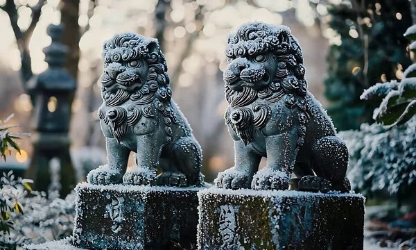 Traditional Japanese Komainu Guardian Lion Statues Covered in Snow at a Serene Temple.
