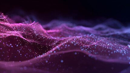A vibrant purple and pink abstract background with sparkling particles and wavy lines