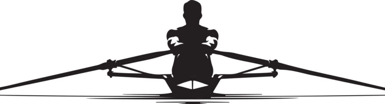 Overhead silhouette of a single scull rower in a racing shell with oars extended on white background