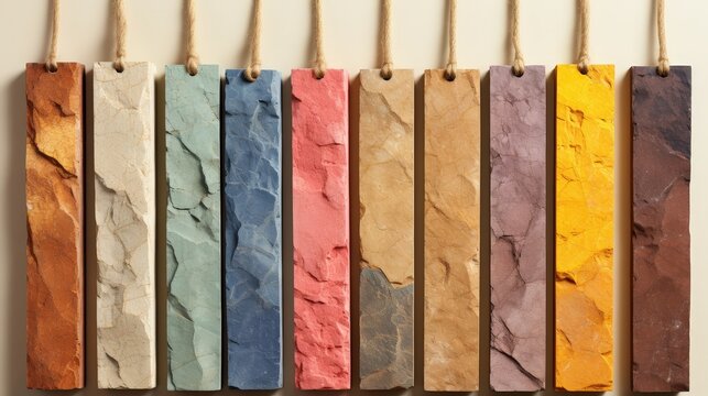 A collection of ten stone tiles with various color tones and textures hanging on twine against a cream background.