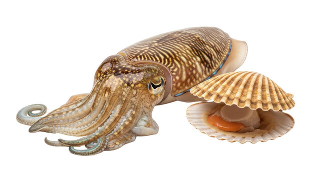 Fresh raw cuttlefish and open scallop shell, whole brown sepia cephalopod and mollusk seafood, isolated marine animal on white background