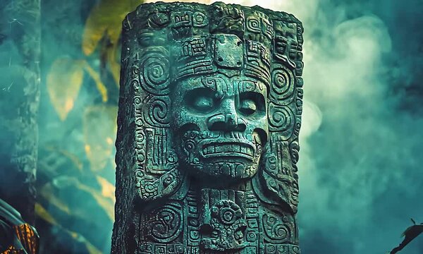 Detailed Ancient Stone Carving of a Deity Amidst Foggy Jungle Ruins.