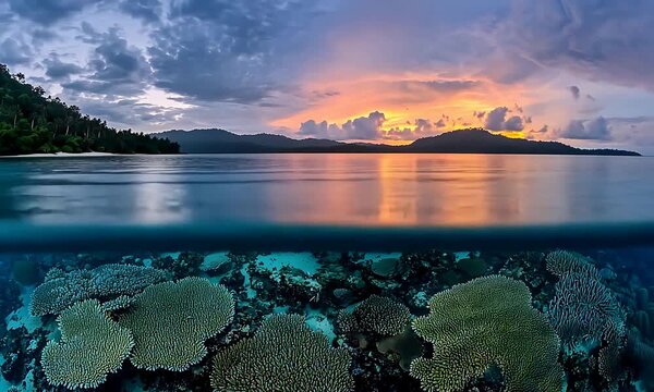 Stunning Split View of Tropical Sunset Over Calm Ocean and Vibrant Coral Reef.