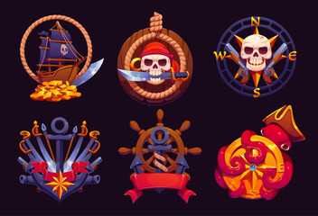 Cartoon pirate heraldry icons with corsair skulls, black sail ship and Caribbean octopus monster. Vector corsair heraldic icons of old compass, anchor, rope and barrel, wheel, pirate guns and swords