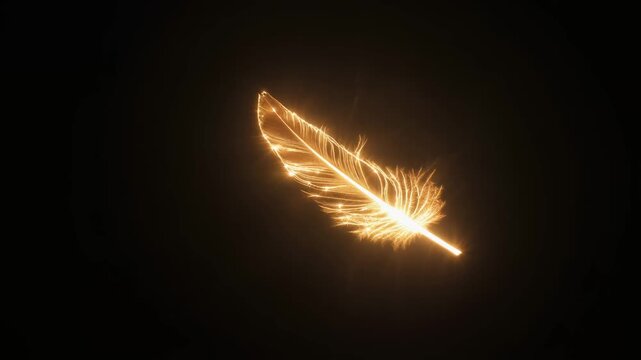 Glowing feather floating in the darkness, illuminated and vibrant.