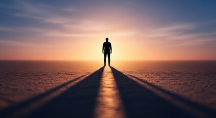 Solitary figure stands silhouetted against the vast, colorful horizon during sunset or sunrise