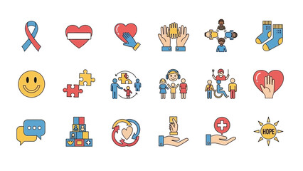 A collection of colorful flat design icons representing autism awareness, diversity, inclusion, support, and mental health concepts.