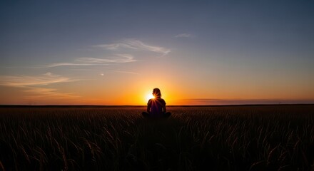 Solitary figure sits cross-legged in tall grass observing a brilliant sunset over a flat horizon