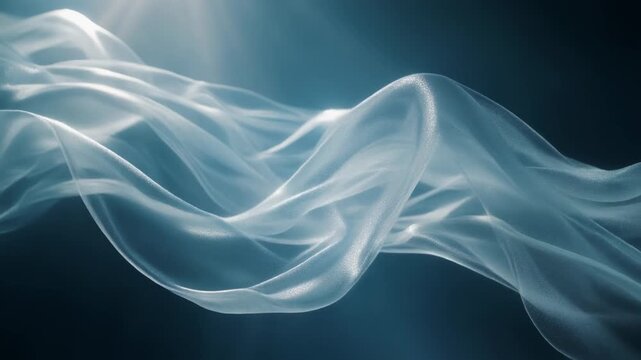 Abstract white wavy fabric flowing in blue background.