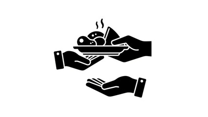 Black silhouette of two hands serving a plate of food to another hand with hospitality and service and help and offer and presentation and cuisine