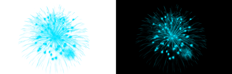 Stunning aqua blue pyrotechnic burst isolated against black sky creating amazing glowing radial pattern perfect for overlay effects and exciting announcements