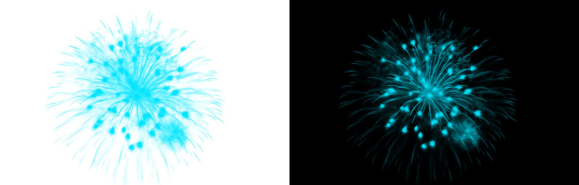 Stunning aqua blue pyrotechnic burst isolated against black sky creating amazing glowing radial pattern perfect for overlay effects and exciting announcements