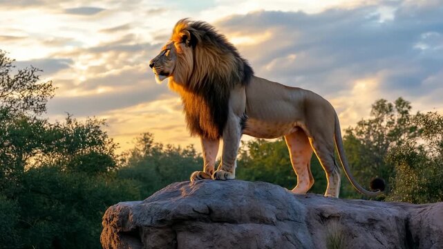 Majestic lion surveys his kingdom from atop rocky outcrop at sunset, a symbol of strength and leadership, ideal for nature documentaries and wildlife films