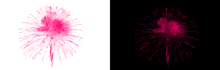 Beautiful pink fireworks explode symmetrically against a transparent background and a dark night sky, illuminating a festive occasion