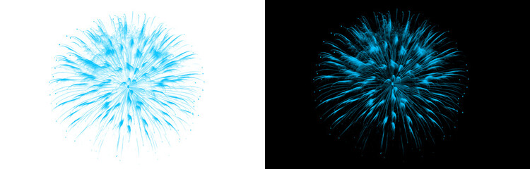 Cyan blue firework sphere isolated on black and transparent background for winter holiday celebration and seasonal festive event graphics