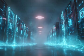 Secure Data Center Cyber Security with Glowing Lock Icons