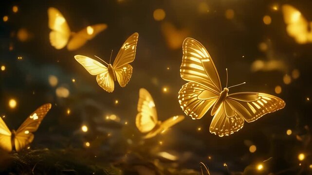 Golden butterflies flying in a dark background with glowing lights.