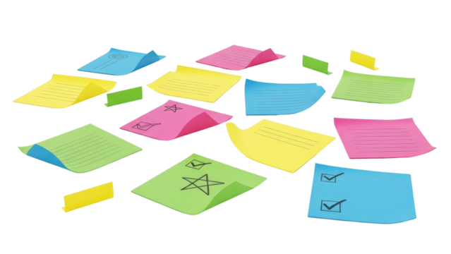 Colorful Assorted Blank and Marked Sticky Notes Scattered isolated PNG with Transparent Background - Powered by Adobe