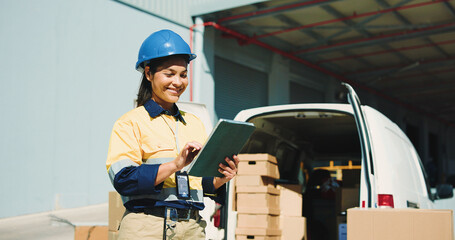 Logistics, outdoor or woman with clipboard by van, package inspection or check shipment for delivery. Vehicle, cargo transport or worker smile with checklist for dispatch, stock or export evaluation