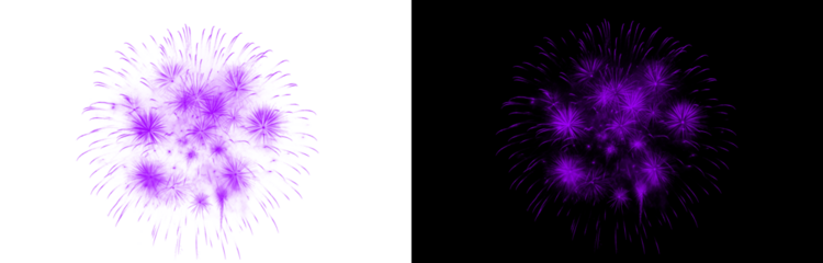 Stunning purple fireworks display exploding against a dark night sky and isolated on a transparent background for celebratory events