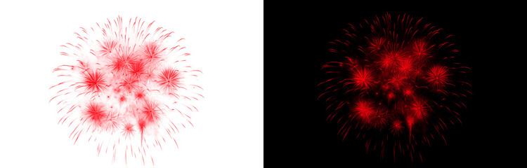 Dynamic red fireworks show bursting in the dark night sky and isolated on a transparent background for exciting celebrations